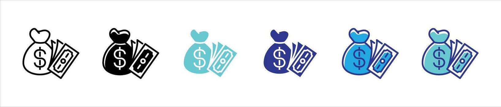 money bag icon set. money bag outline stroke and different color style icon for your app and web vector