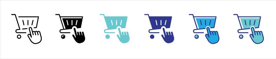 shopping cart icon set. shopping cart with pointer hand clicking icon. online shopping symbol for app and web vector