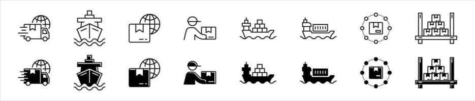 set of logistic and shipping icon. containing global delivery, freight transport, supply chain management thin line and flat icon for your app and web vector