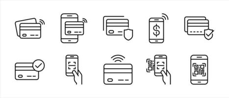 set of credit card and digital payment thin line icon. contain digital wallets, QR code transaction, and contactless payment icon for your app and web vector