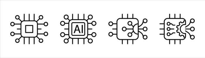 chip icon set. contain chipset of intelligence, processing power, machine learning, microchip evolution from core processors to AI intelligence thin line icon symbol sign vector