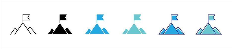 goal target icon set. containing mission, success, ambition, and the journey to reach new summits with a flag at the peak thin line and color style symbol sign vector
