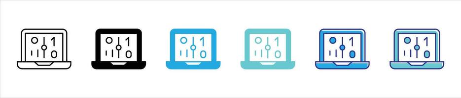 digital laptop icon set. containing AI powered binary computing for the future of technology, decoding artificial intelligence in personal computing thin line and color style icon vector