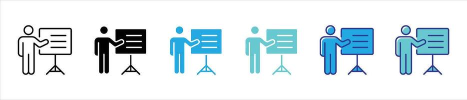 presentation icon set. representing collaborative presentation, training, interactive session thin line and color style icon symbol sign for your app and web vector