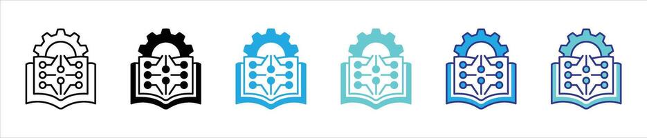 mechanized mind icon set. containing fusion of knowledge, technology, and intelligence through learning system thin line and color style icon symbol sign vector