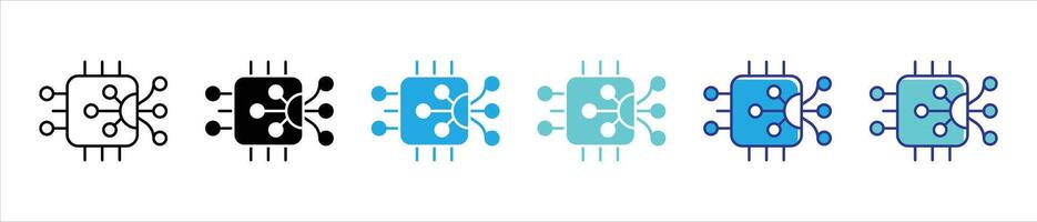 AI core icon set. containing essential processor, distributed connection, connectivity, and computational power in a microchip thin line and color style icon symbol sign vector