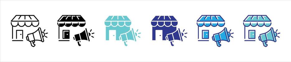 store promotion icon set. marketing, advertising, store with megaphone thin line and different color style icon for your app and web vector