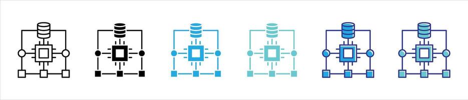 data circuitry icon set. containing data management and AI driven computational power thin line and color style icon symbol sign vector