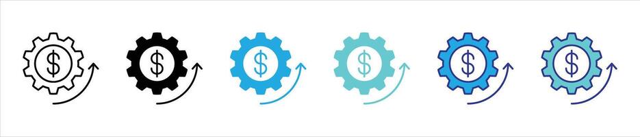 monetary mechanism icon set. gear inspired financial system with dollar movement for business optimization thin line and color style icon symbol sign vector