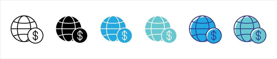 global currency icon set. containing a universal representation of worldwide financial transaction and economic connectivity thin line and color style icon symbol sign for your app and web vector