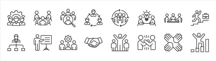 business people icon set. containing teamwork, collaboration, leadership, team success, business team, organization, partnership, presentation thin line and color style icon vector