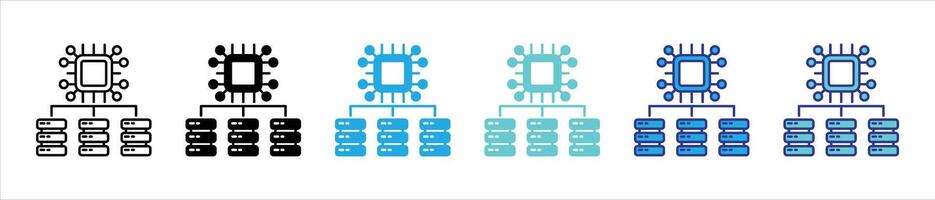 the neural network hub icon set. containing central processing unit orchestrating distribute data server for advanced AI operation thin line and color style icon symbol sign for your app and web vector