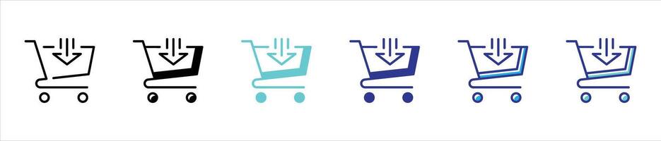 shopping cart icon set. shopping trolley, put in cart symbol outline stroke with different color style icon for your app and website vector