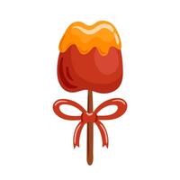 This illustration features a delicious caramel apple on a stick, tied with a bright red bow. The enticing combination of flavors and festive presentation makes it a delightful treat for any vector
