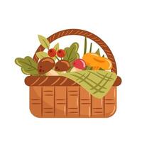 This illustration features a charming basket filled with a variety of mushrooms and berries. The vibrant colors and detailed textures create a delightful representation of natures bounty vector