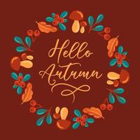 illustration features a round wreath composed of mushrooms, leaves, and berries, perfectly capturing the essence of autumn. Ideal for seasonal decorations and designs, it adds a natural touch vector