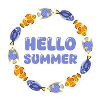 hello summer. A vibrant and whimsical illustration featuring a variety of colorful fish gracefully swimming in a circular vector