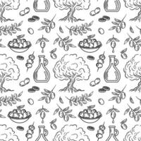 seamless pattern features olive trees, bottles of oil, and olives in a dish, charming sketch. Perfect for Mediterranean themes, culinary designs, or organic product packaging. vector