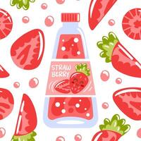 A seamless pattern showcasing strawberry soda in glass bottles, adorned with vibrant strawberry pieces. This lively design captures the essence of summer, bringing a refreshing and playful atmosphere vector