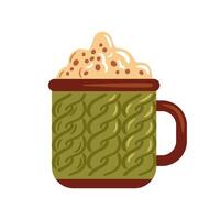 This illustration showcases a cozy mug with a textured green knitted design filled with frothy cream. It s perfect for conveying warmth and comfort, ideal for seasonal beverage themes. vector