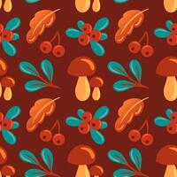 This autumn pattern features mushrooms, leaves, and berries, capturing the essence of fall. Ideal for seasonal projects, textiles, and decor, it brings warmth and a natural touch to any design. vector