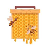 A vibrant illustration featuring bees buzzing around honeycombs. The intricate hexagonal patterns of the honeycomb are highlighted, showcasing the industrious nature of bees vector