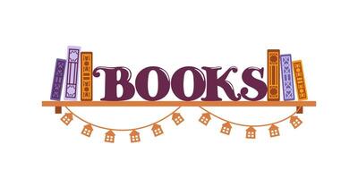 This bright illustration features a whimsical shelf decorated with colorful books and decorative garlands, creating a cozy atmosphere for reading. Perfect for book lovers and educational themes vector