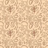 seamless pattern features whimsical hand-drawn elements like hedgehogs, plants, mushrooms, and acorns against a soft beige background. The charming design evokes a playful, nature-inspired vibe. vector