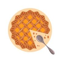 This illustration features a delectable pumpkin pie, perfectly baked and served with a slice alongside a spoon for easy enjoyment. Its warm hues and inviting texture evoke the deliciousness of vector