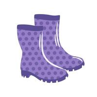 This illustration features stylish purple rubber boots adorned with playful polka dots. Perfect for rainy days, they combine fashion and function, adding a fun touch to any outdoor outfit. vector