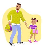 Dad and daughter are holding hands and walking to school. Family scene, care, parenting. A loving father and his child strolling, talking, and smiling. vector