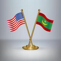 USA and Mauritania table flag relation, with gradient background vector