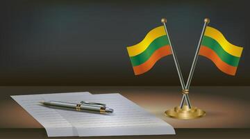Lithuanian table flag on a dark gradient color background table. Illustration vector