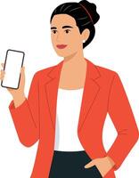 Woman in a red blazer with smartphone vector