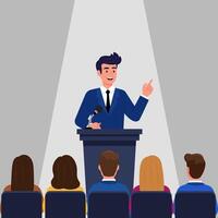 Illustration of a Speaker at a Podium Addressing an Audience, Symbolizing Public Speaking vector
