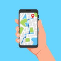 Illustration of a Digital Navigation A Hand Holding a Smartphone Displaying a GPS Map with a Route vector