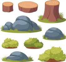Nature's Elements Tree Stumps, Rocks, and Bushes Illustration Set vector