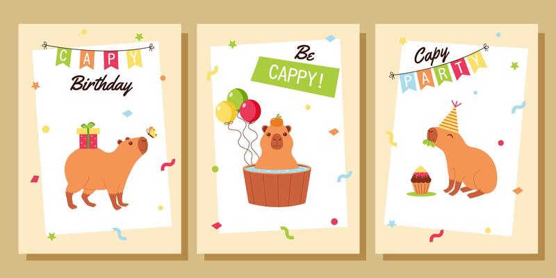 Capybaras posters set. Happy Birthday greeting cards, invitations, posters with cute capybara, balloon, cake, gift.