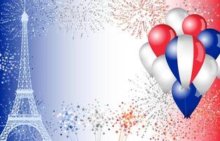 Holiday background with shiny fireworks, realistic 3D balloons and copy space. Banner template vector