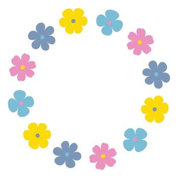 A round frame in the form of a repeating pattern of flowers of different shapes and sizes, yellow, pink and blue. vector
