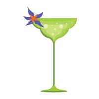 Illustration of a green glass with a drink on a thin stem with a blue and orange flower on a white background. vector