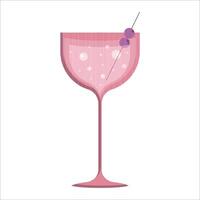 illustration of a pink glass on a thin stem with olives on a toothpick on a white background. vector