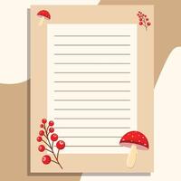 An autumn banner, a piece of paper, and a notebook page are decorated with mountain ash branches and mushrooms on a beige background. vector