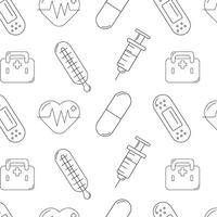 Seamless pattern of medical symbols, contour images of first-aid kits, tablets, syringes, thermometers, patches and an ECG heart. vector