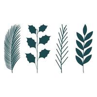 A set of stylized green leaves and branches on a white background, made in a minimalistic, flat design. vector
