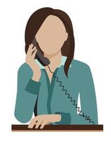 Woman at a desk, talking on a landline phone, faceless. Wears a comfortable cardigan with straight hair. The setting could be an office or reception area. This illustration conveys approachability. vector