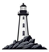 Illustration of a lighthouse on top of grey rocks. Isolated black, white and shades of grey. vector