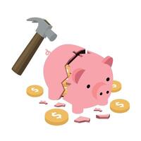 Broken Piggy Bank with Hammer and Coins Savings Concept vector