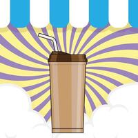 Glass of drink has a radial background with swirls, clouds and colorful hanging flags vector