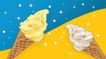Yellow and cream colored ice cream cone on blue and orange background. vector